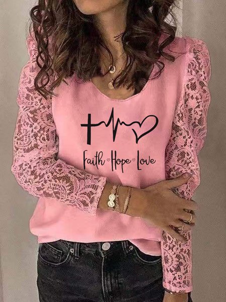 

Crew Neck Loosen Letter Romantic Lace Puff Sleeve Shirts & Tops, Pink, T-Shirts