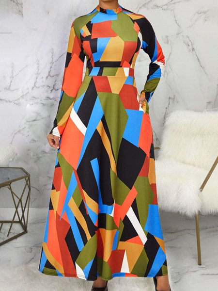 

Stand Collar Color Block Regular Fit Dress, Multicolor, Maxi Dresses