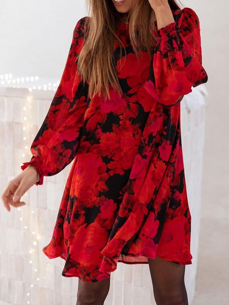 

Crew Neck Casual Floral Dresses, Red, Mini Dresses
