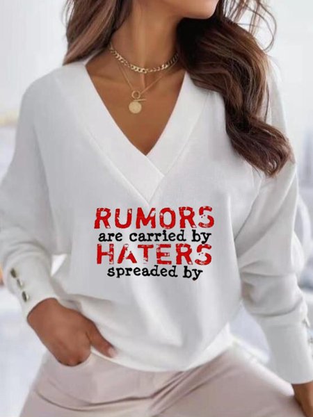 

Off Shoulder V Neck Buttoned Letter Loosen Shirts & Tops, White, T-Shirts