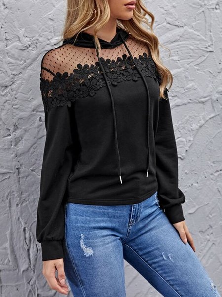 

Lace stitching spring new designer temperament ladies hooded sweater, Black, Long sleeve tops