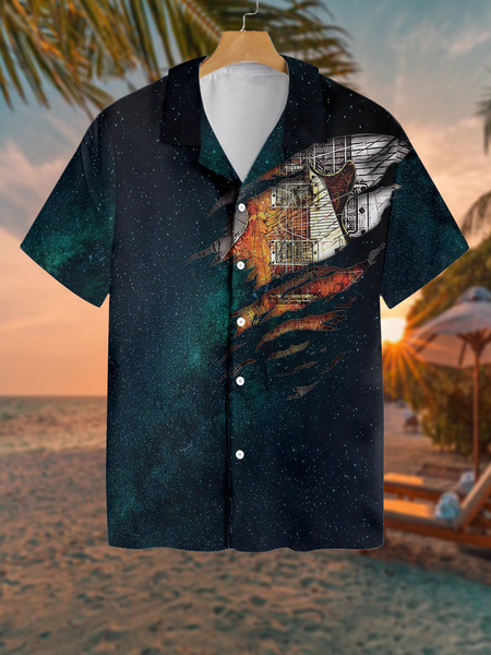 

Holiday Casual Music Element Gradient Rock Guitar Pattern Hawaiian Print Shirt Top, As picture, Men's Floral shirt