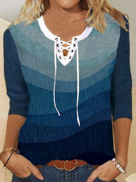 

Keyhole Casual Cotton Blends Shirts & Tops, Blue, T-Shirts