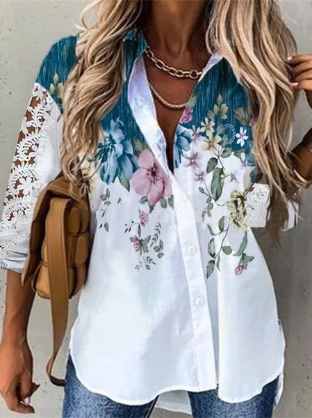 

Loosen Floral Shirt Collar Shirts & Tops, White, Blouses & Shirts