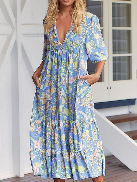

Tribal Boho V Neck Short sleeve Woven Dress, Blue, Midi Dresses