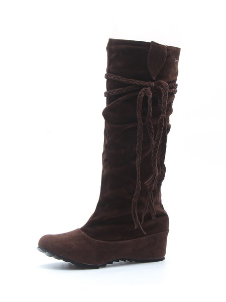 

Braided Fringe Western Middle High Mid Calf Boots, Brown, Boots