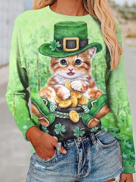 

Cat Cotton Blends Casual Crew Neck Shirts & Tops, Green, Long sleeve tops