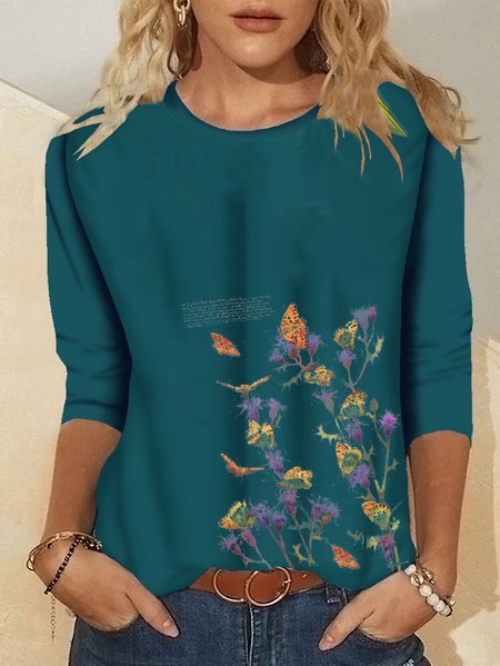 

Floral Romantic Cotton Blends Crew Neck Loosen Shirts & Tops, Blue, T-Shirts