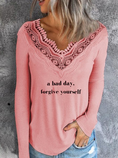 

Romantic Letter V Neck Cotton Blends Loosen Shirts & Tops, Pink, T-Shirts