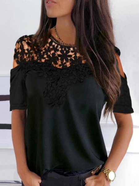 

Casual Lace Short Sleeve Round Neck Plus Size Tops T-shirts, Black, T-Shirts