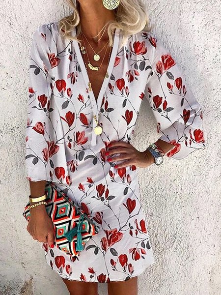 

Casual Floral V Neck Three Quarter Boho Midi Dresses, White, Mini Dresses