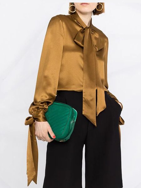 

Elegant Solid Long Sleeve Neck Tie Shirt, Yellow, Tops