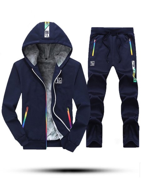 

Hooded Long Sleeve Cotton Blends Two Piece Sets, Blue, Two-pieces