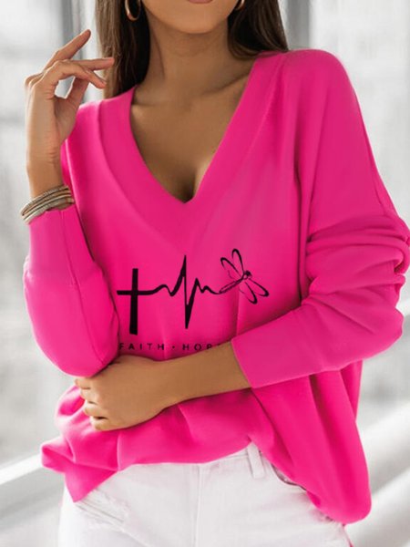 

V Neck Casual Long Sleeve Shirts & Tops, Rose red, T-Shirts