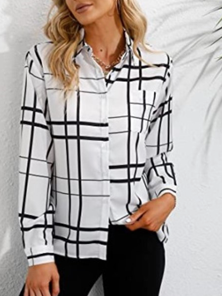 

Shirt Collar Checked/Plaid Casual Shirts & Tops, Black-white, Shirts & Blouses
