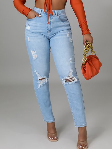 

Casual Plain Ripped Denim Pants, Light blue, Jeans