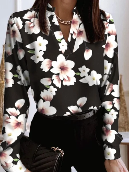 

Long sleeve Floral V Neck Casual Shirts & Tops, Black, Tops