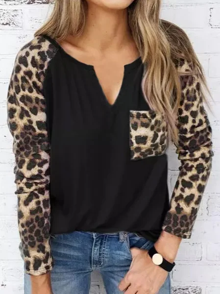 

Raglan Sleeve Casual Regular Fit Leopard Shirts & Tops, Black, Long sleeve tops