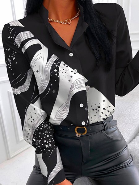 

Loosen Casual Shirt Collar Long Sleeve Blouse, Black, Blouses & Shirts