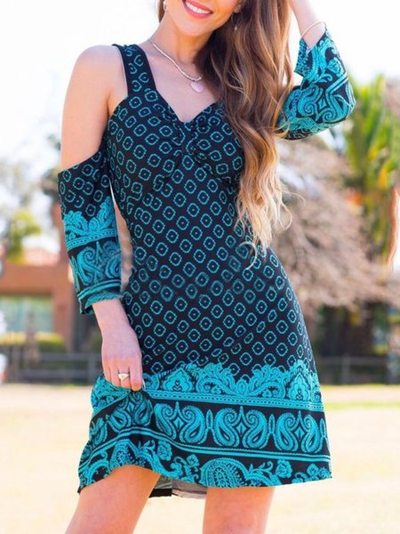 

Casual V neck Tribal Off the Shoulder Dresses, Blue, Mini Dresses
