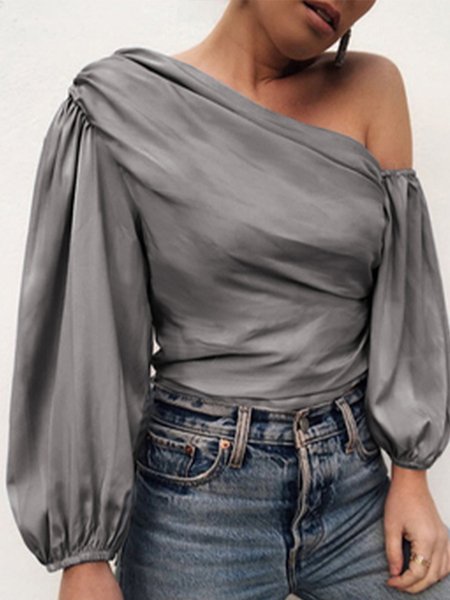 

Elegant Off The Shoulder Solid Satin Top, Gray, Tops