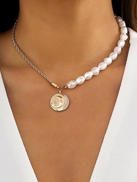 

Vintage Metal Pearl Panel Clavicle Necklace, As picture, Necklaces