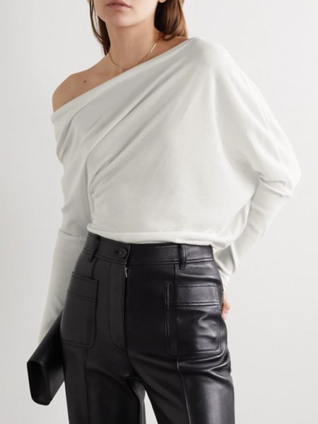 

Solid Simple Off The Shoulder Long Sleeve Top, White, Tops