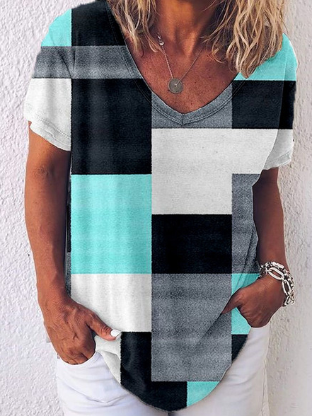 

Geometric V Neck Cotton Blends Casual Shirts & Tops, Multicolor, T-Shirts