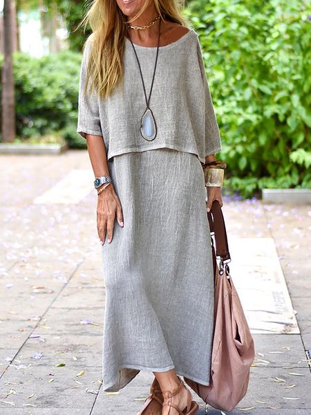

Solid Top With Dress Elastic Waist Skirt Suits, Light gray, Maxi Dresses