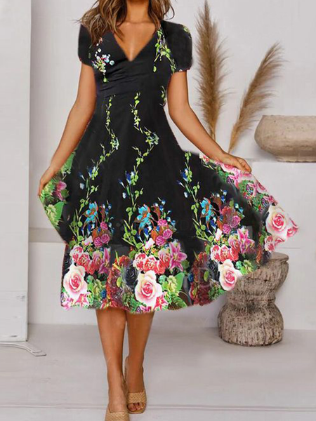 

Gradient floral V-neck waist zipper X-shaped holiday dress Plus Size, Black, Floral Dresses