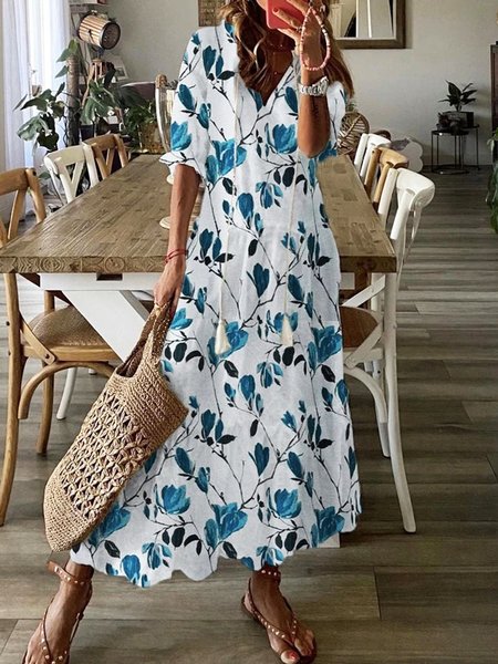 

Floral Printed V Neck Tassel Casual Three Quarter Loosen Maxi Dresses, White, Maxi Dresses