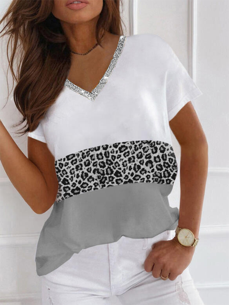 

Leopard Color Block Casual Short sleeve Short Sleeve T-shirt, Gray, T-Shirts