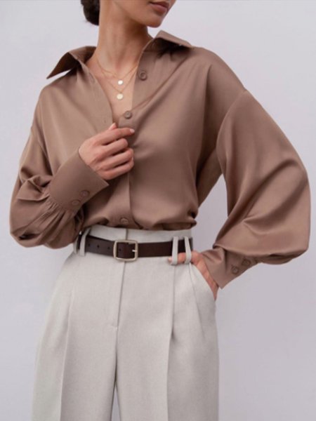 

Daily Long Sleeve Simple Solid Shirt Collar Top, Light brown, Blouses and Shirts