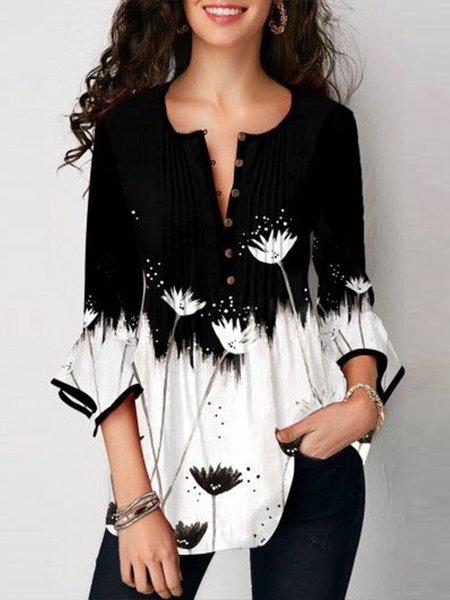 

Casual Black and White Floral 3/4 Sleeve Top Loose Straight Top, Black-white, Long sleeve tops