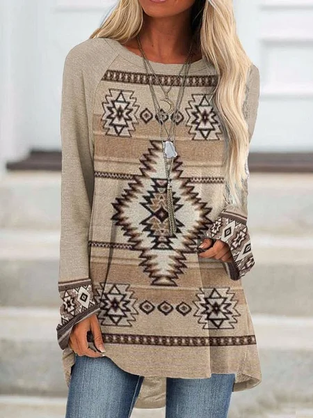 

Casual Cotton Blends Crew Neck Shirts & Tops, Khaki, Long sleeve tops