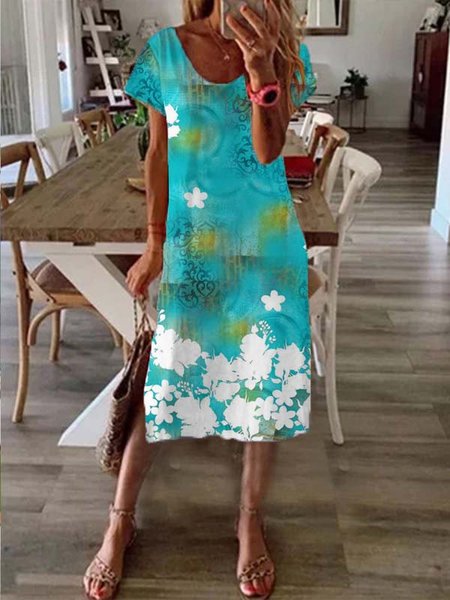 

Scoop Neckline Floral Casual Vacation Dresses, Aqua blue, Floral Dresses