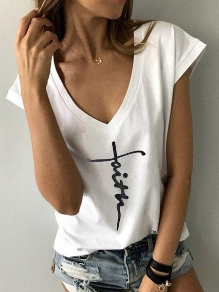 

Short Sleeve Letter Casual Shirts & Tops, White, T-Shirts