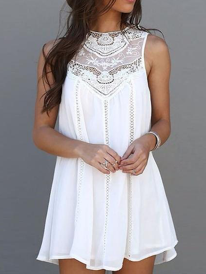

Chiffon Crew Neck Casual Dresses, White, Mini Dresses