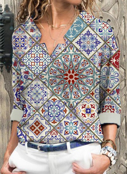 

Tribal Geometric Boho Loosen V Neck Shirts & Tops, Flower, Tops