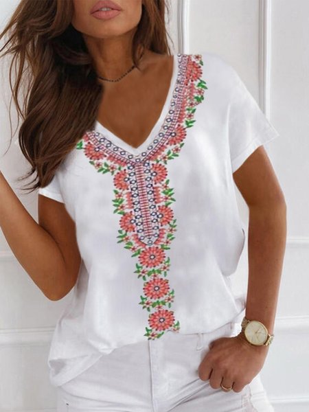 

Embroidered Floral Cotton Blends Shirts & Tops, White, T-Shirts