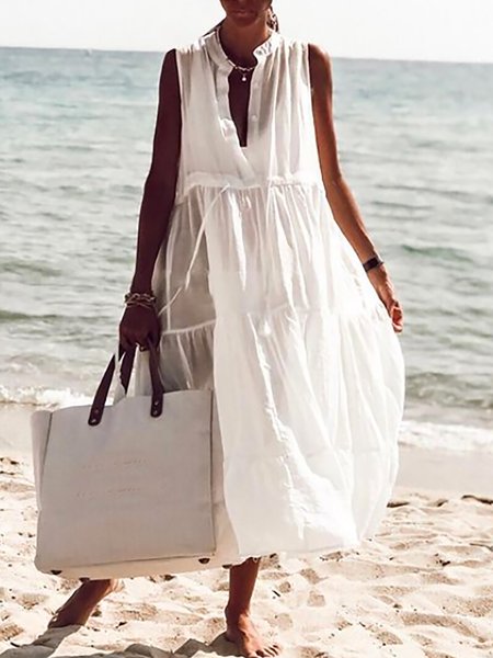 

Loosen Solid Vacation Sleeveless Beach White Maxi Short sleeve Woven Dress, Midi Dresses