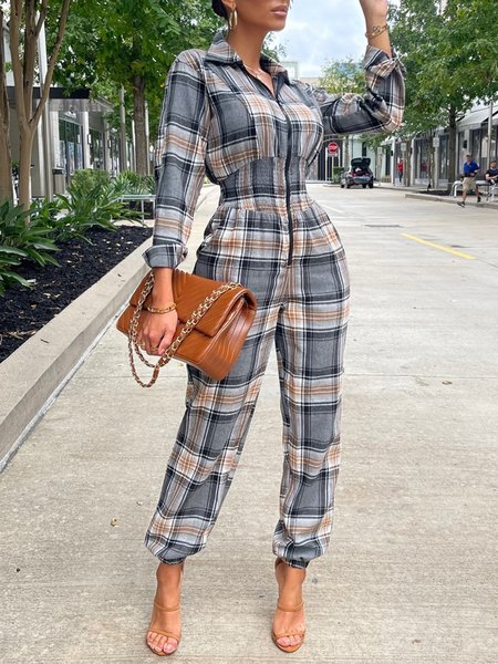 

Daily Grid Regular Fit Long Sleeve One-Piece, Blue, Jumpsuits