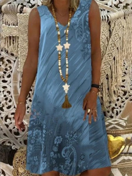 

Floral V Neck Dresses, Blue, Casual Dresses