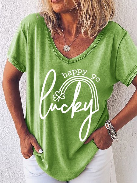 

St Patricks Day Happy Go Lucky Rainbow Loosen Casual Short sleeve tops, Green, T-shirts