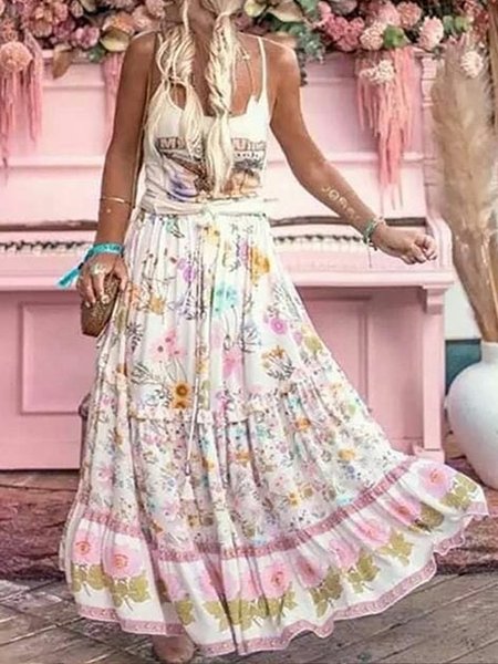 

Floral Print Bohemain Vacation Skirts, Pink, Skirts