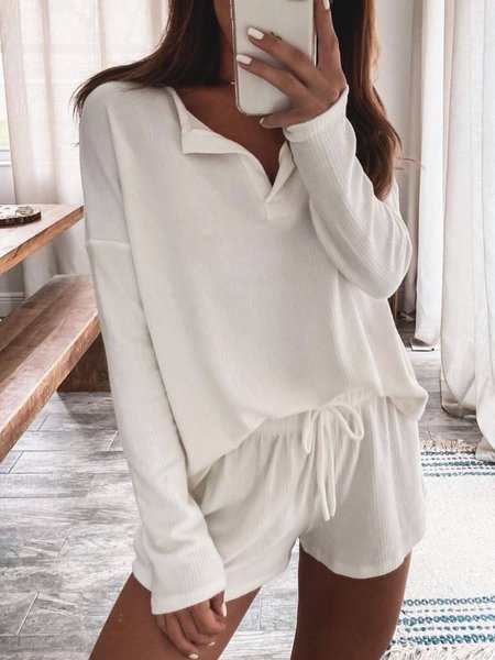 

Casual Plain V Neck Solid White Suits, Two-piece Outfits