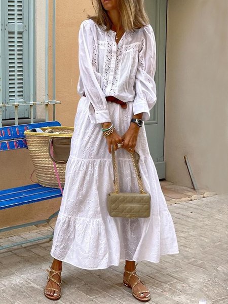 

Plus Size Casual Solid Crew Neck Long Sleeve Loosen Dresses, White, Maxi Dresses
