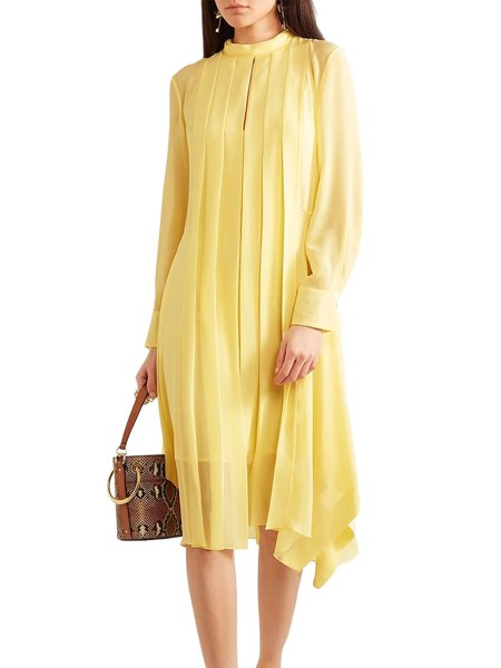 

Elegant Regular Fit Long Sleeve Solid Midi Dress, Yellow, Midi Dresses