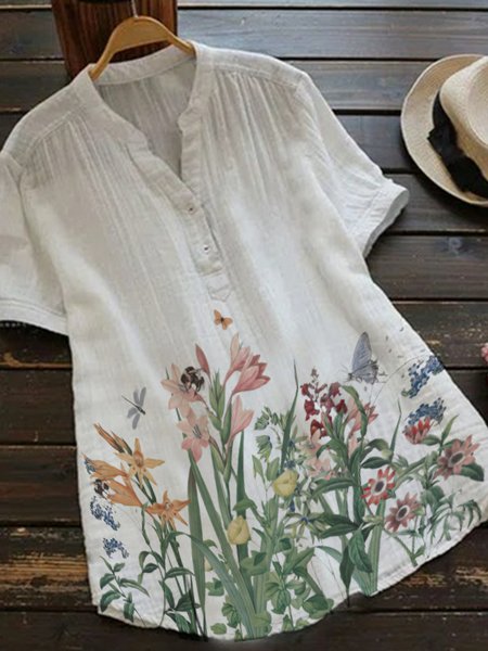 

Floral Linen Elegant Shirts & Tops, White, T-Shirts