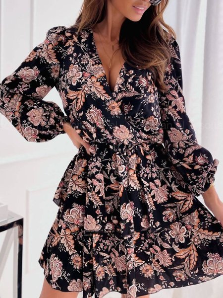 

Long Sleeve Floral V Neck Dresses, Black, Mini Dresses